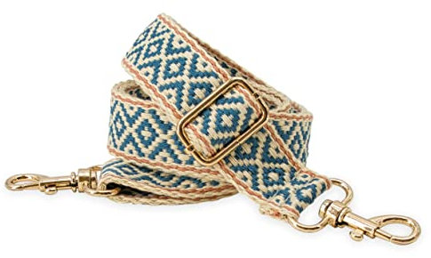 BENAVA Taschengurt Karo Muster Baumwolle Verstellbar 75-135 cm Karabiner Farbe Gold | Schulterriemen für Taschen | Boho Muster Blau Beige | Ersatz für Taschenhenkel Taschenriemen Taschenkette