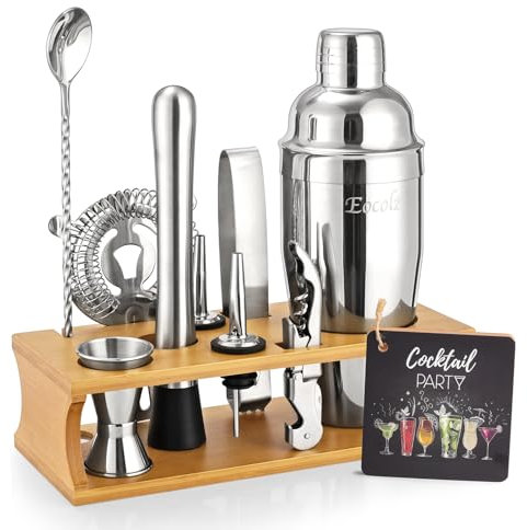 Eocolz Set per Cocktail, Set per Cocktail Shaker Kit per Barman Set di Attrezzi da Bar in Acciaio Inossidabile Bar e Strumenti per la Miscelazione di Bevande Premium da Casa con Supporto in Legno