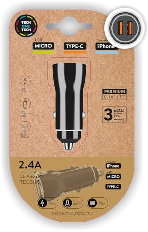 Tech one tech 2.4 billaddare dubbel tändare för iPhone/usb mikro/type-c färg svart