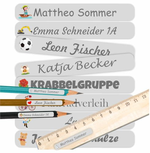 INDIGOS UG - Namensaufkleber Kinder Schule grau - 60 Sticker - 5 x 1,5cm - Namensschilder personalisiert für KITA, Kindergarten - Aufkleber selbst gestalten - Stifte, Hefte, Federmappe