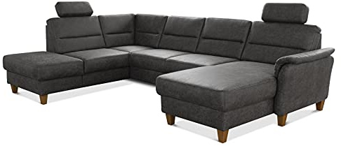 CAVADORE U-Form-Sofa Palera / Federkern-Wohnlandschaft mit Schlaffunktion, Stauraum und 2 Kopfstützen / 314 x 89 x 212 / Mikrofaser in Lederoptik, Dunkelgrau