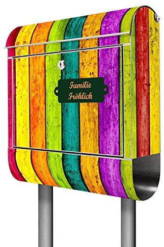 banjado® Briefkasten mit Standfuß personalisiert Motiv Bunte Holzlatten - Stand Briefkasten Edelstahl mit Zeitungsfach - Postbox/Postkasten A4 Einwurf inkl. Montagematerial & 2 Schlüssel