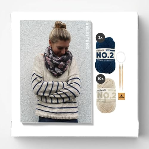 myboshi Strickset Pullover St. Louis, Strickset für Anfänger, inkl. No.2 Wolle, Nadel und Anleitung, Label, Strickpaket, 85% Baumwolle, 15% Kapok Beige, Blau, mit Rundstricknadel