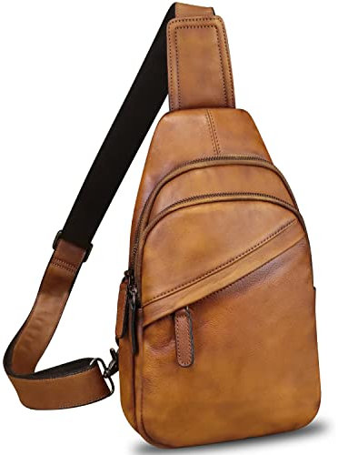 Silng Tasche aus echtem Leder für Damen und Herren, Vintage-Leder-Rucksack, modische Schultertasche, Umhängetasche, Brust-Geldbörse, Braun, Medium