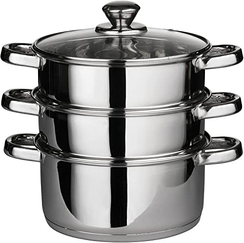 3pcs Stainless Steel Streamer Cooker Pot with Glass Vented Lid, Induction Ready (24 cm -3 Tier Streamer)