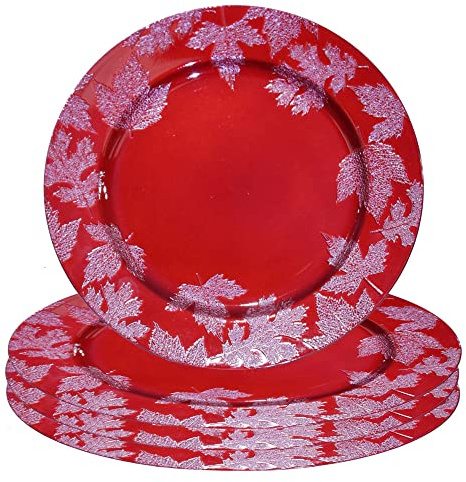 Generico 12x Sottopiatti Bordo Foglie Pungitopo Colore ROSSO Tondo 33 cm Natale cenone sotto Piatto Natalizio Capodanno Natale Cena Aperitivo