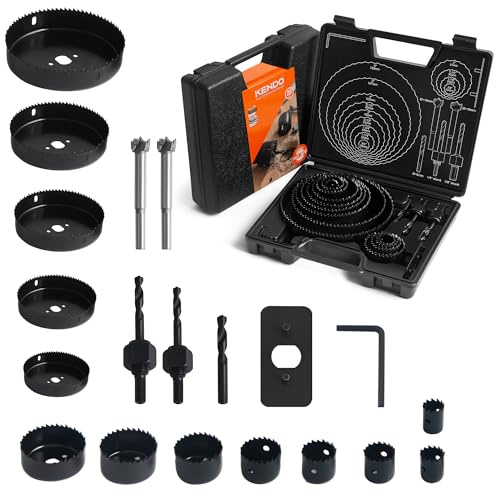 KENDO Hole Saw Set,23Pcs Hole Saw Kit with 3/4 to 6 (19-152mm) Saw Blades,Forstner Bit Set,Mandrels,Drill Bits,Installation Plate,Hex Key for Soft Wood,Plastic,PVC Board,Drywall with Storage Case