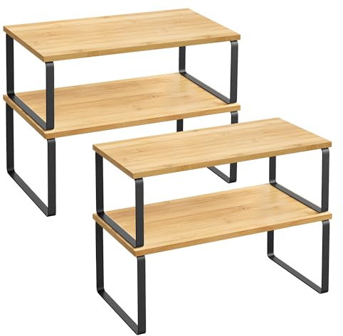 SONGMICS Gewürzregal, 4er Set, Küchenregal, Küchen-Organizer, erweiterbar, Gewürzhalter, stapelbar, mit Metallrahmen, ‎19,5 x 39,7 x 15,8 cm, tintenschwarz-naturbeige KCS210B01