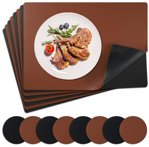 NOSTHEART Tischsets Abwaschbar, Platzsets Abwischbar Tischset Leder 8er Set Hitzebeständig Doppelseitigen Tischset rutschfest wasserdicht Platzdeckchen mit Untersetzer Rund (Schwarze Braun)
