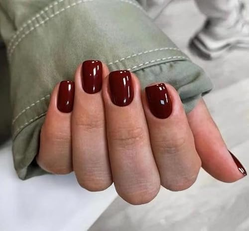 MouyouGlow Press on Nails Kurz,Squoval Kirschrot Einfarbige Glossy Fake Nails Kunstnägel mit Nagelkleber,Cherry Red Solid Künstliche Fingernägel