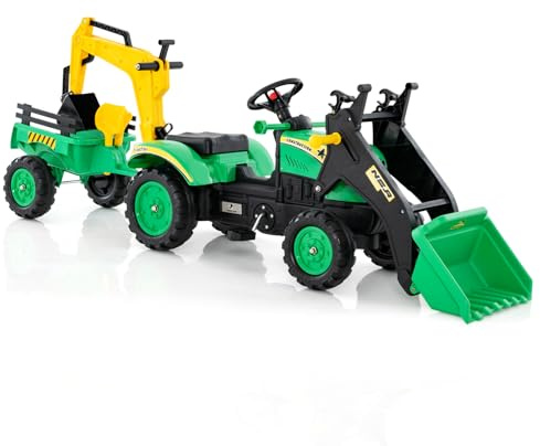 DREAMADE Tracteur Enfant 3-6Ans avec Godet Réglable&Remorque Détachable,Voiture Enfant avec 6 Roues,Jouet d'Imitation Tracteur de Construction,Bulldozer Charge 35KG (Vert)