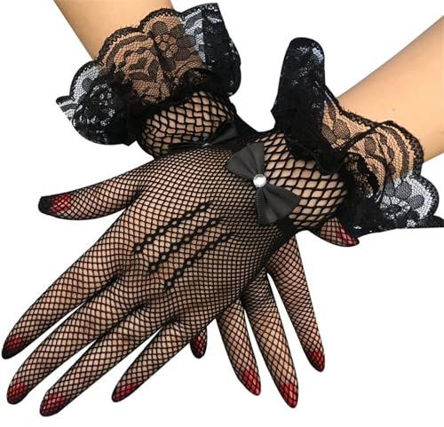 SePkus Brauthandschuhe, Kurze Diamantschleife, Spitze, Brauthandschuhe, Hochzeitshandschuhe für Party für Hochzeit (Schwarz, 25 x 9 cm)
