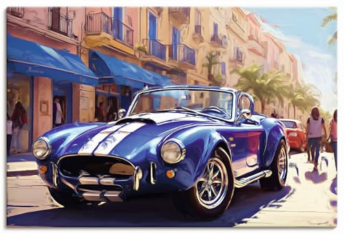 ARTLAND Wanddeko Leinwand Bilder Wandbild Auto Sportwagen Cabrio Shelby AC Cobra Blau Frankreich U5CU