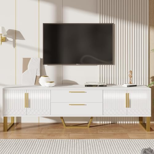 KOMHTOM Élégant meuble TV en blanc/noir, buffet avec quatre portes et deux tiroirs, meuble bas multi-usage pour salon, chambre à coucher, couloir (blanc)