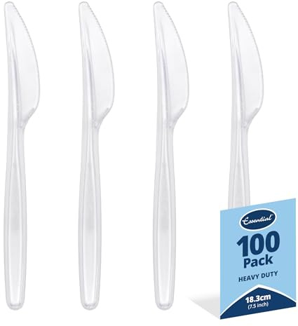 Essential Housewares | 100 Clear Reusable Knife | BPA Free | Heavy Duty Plastic | Birthdays, Parties, Camping, Catering | 18cm Long