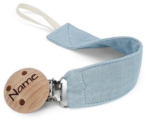 kleinerStorch Stoff Schnullerband personalisiert mit Gravur Namen | VIELE FARBEN | Baby Schnullerkette als Geschenk zur Geburt & Taufe (blau)