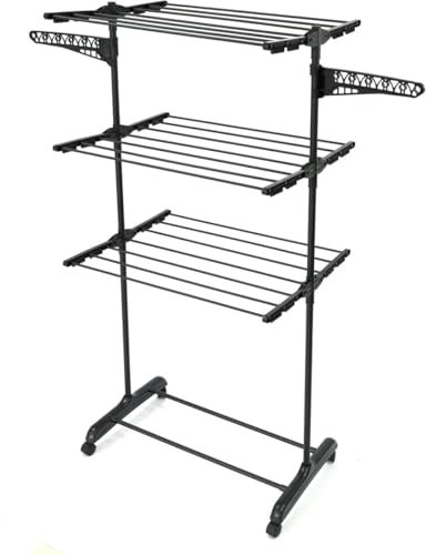 Meisterhome® Klappbarer Wäscheständer Wäscheturm Effizientes Trocknen mit 3 Ebenen, 2 Seitenflügeln - 18m Trockenleinenlänge - Platzsparend, vielseitig und mobil für drinnen und draußen – Schwarz
