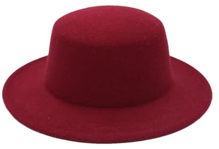 Fedora-Hut für Herren, 10 cm, große breite Krempe, feste Wolle, Jazz, flache Krempe, Filzhut, Damenhut, Weinrot, 65 cm, 7/7 3/8