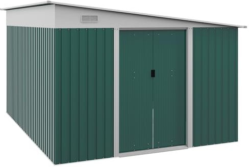 Outsunny 11.3 x 9.2ft Lean to Metal Garden Shed Waterproof Outdoor Green