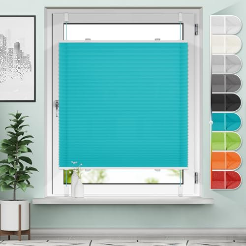 Sanfree Plissee Klemmfix ohne Bohren Türkis B50 x H110cm Easyfix plisseerollo Jalousie Faltrollo Blickdicht Sichtschutz & Sonnenschutz Fertifplissee Rollos für Fenster und Tür