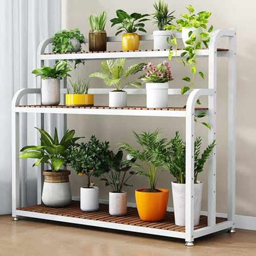 KADEUX Blumenständer Pflanzenleiter Pflanzenregal Mit 3 Ablagen, Metall Und Holz Blumenleiter, Indoor Blumenbank Ablageregal, Blumenetagere Für Drinnen/draußen(White,80cm)