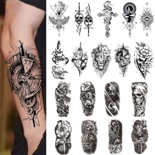 JEYORZY 18 Fogli Tatuaggi Temporanei Uomo donna, mpermeabile Tatuaggi Finti Stickers con Morte Cranio Leone Scheletro, per Adulti Avambraccio Spalla Collo Mano
