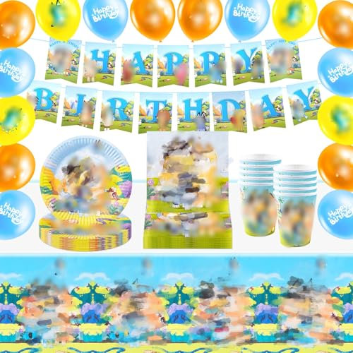 60-Piece Birthday Party Tableware Set - Decorations With Balloons, Character Cake Toppers, Napkins, Banner, Plates and Cups