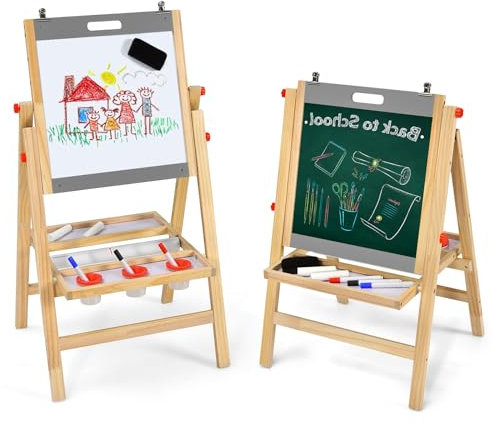 HOMASIS 3 in 1 Kindertafel doppelseitig, Holz Staffelei mit Kreidetafel, Whiteboard, Papierrolle, Kinderstaffelei höhenverstellbar mit Zubehör, klappbare Maltafel Standtafel für Kinder ab 3 (Grau)