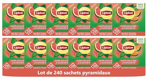 Lipton, Thé Vert Aromatisé, Infusion à Froid ou Chaud, Goût Pamplemousse & Mandarine, Ingrédients d'Origine 100% Naturelle, 240 Sachets Pyramid
