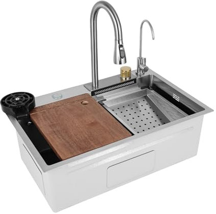 HuKaiL Freistehende Edelstahl Spültisch, Küchenspüle Spülenschrank mit 60cm Ausziehbare Armatur und 4 Wasserauslass-Modi, Gewerbliche Spülbecken Komplettspüle für Küche, Wäsche, Garage, 75*35*21cm