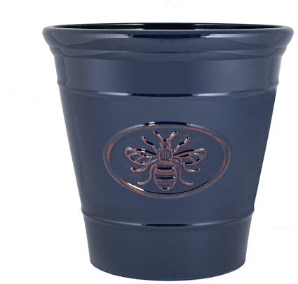 Fyne-Finds Round Plastic Bee Embossed Plant Pots, Saucers Long Lasting Flower Garden Indoor Outdoor Drainage Holes Planter Cover Weather, Frost Proof Glossy Effect (40cm Blue Planter)