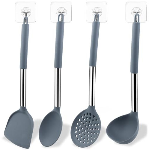 JNZLT Set di 4 posate da cucina, in silicone, utensili da cucina, per cucinare e servire (cucchiai da zuppa, colino, pala cinese, cucchiaio largo) con 4 ganci