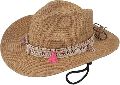 FakeFace Damen Sonnenhut Bohemia mit Breiter Krempe Strohhut Kappe Sommerhut Sommerhut UV-Schutz Strandhut mit Gürtel Retro-Panama-Schlapphut Cowboy Hut Westernhut für Frauen