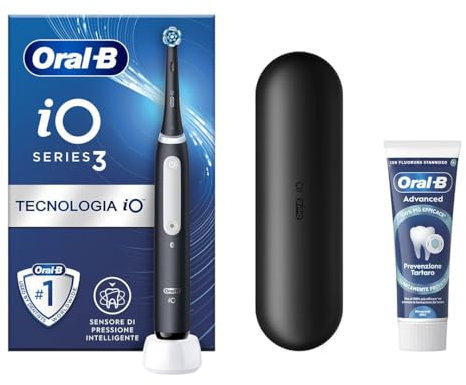 Oral-B Spazzolino Elettrico Ricaricabile iO 3 Nero con 1 Testina Di Ricambio, 1 Custodia Da Viaggio +1 Dentifricio Oral-B Advanced Prevenzione Tartaro, Nuova versione