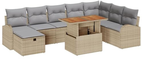 vidaXL 9-teiliges Garten-Sofa-Set mit beigen und grauen Kissen. Modulares Sitzmöbel mit Stauraum. Robustes Polyrattan. Modernes Lounge-Sofa für Terrasse oder Patio.