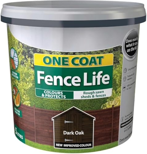 One Coat Fence Life Dark Oak 5L Weather-Resistant Fence Stain Quick-Dry Wood Protector for Sheds, Fences & Garden Timber