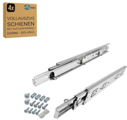 SOTOOLS 2 Paar Vollauszug Schubladenschienen, 550 mm, max. 45 kg | Kugelgelagert, Höhe 45 mm, Breite 12,7 mm, werkzeuglos trennbar. Mit Auflagewinkel.