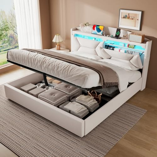 ZUUYEE Polsterbett Doppelbett 160x200 cm mit LED, USB C, Hydraulische Bett mit Stauraum und Kopfteil, Stauraumbett Bettgestell mit Metallrahmen Bettkasten und Lattenrost, Leinen, Beige, Ohne Matratze