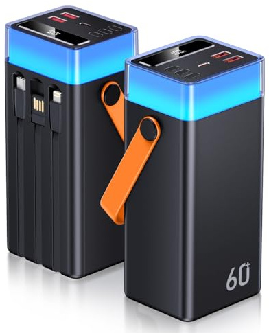 Power Bank 60000mAh, 22.5W PD & QC USB C Bateria Externa Carga Rapida con 3 Cable Integrado, 5 Port (2 USB & 2 Type-C & iOS), Pantalla Digital, Ligero, Cargador Portátil para Teléfono