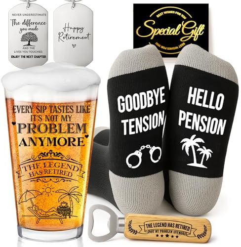 Joybble Retirement Gifts for Men, Retirement Beer Glass, Funny Gifts for Men, Valentine's Day Gifts for Him, Ideas Retiring Presents for Grandad, Dad, Husband, Glass Set with Funny Socks & Opener