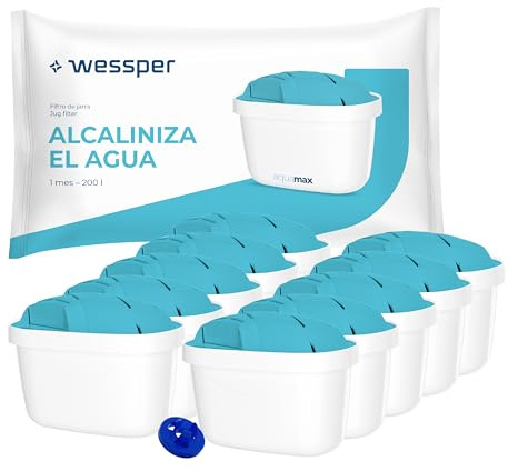 Wessper Cartouche Filtrante, Alcaline filtre eau pour carafe filtrante, pH élevé, améliore l'odeur et le goût de l'eau, Compatible avec les cartouches filtrantes BRITA, BWT (10 pièces)
