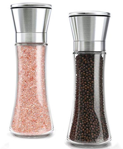 YMTECH Molinillo de Pimienta, Molinillo sal y pimienta con Grosor Ajustable, Par de moledores de pimienta y sal con grosor ajustable Acero Inoxidable Cepillado y Coctelera de Vidrio