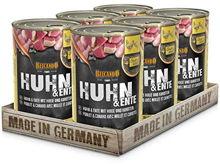 BELCANDO Nassfutter für Hunde, Huhn und Ente mit Hirse und Karotten, 6X 400g Dose, Hundefutter nass, für alle Rassen, Made in Germany