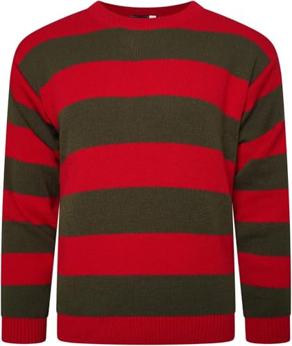 COMFYLOT & KK TRADERS MCR LTD Herren Rot und Grün gestreifter Pullover Pullover – Freddy Krueger Kostüm Strickmütze oder Set Krüger Halloween Verkleidung Albtraum auf Elm Street Erwachsene Cosplay