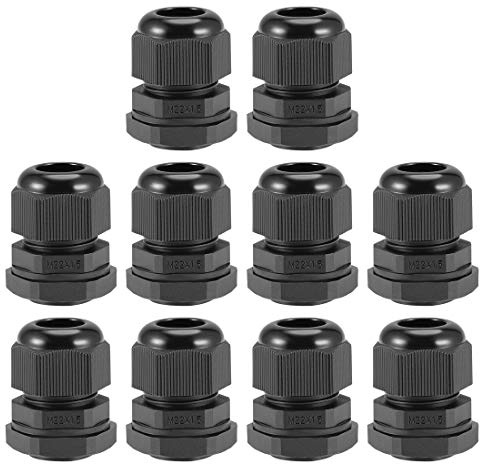 sourcing map M22 x 1,5 Kabelverschraubung, 7 mm - 12 mm, Drahtloch, wasserdicht, Nylon, verstellbar, mit Unterlegscheibe, Schwarz, 10 Stück