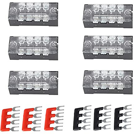 Ruidee 12pcs (6 Set) Terminal Block 4 Positions Dual Rows Covered Screw Terminal Block 600V 15A + 6Pcs 4 Positions Pre-Insulated Fork Terminal Barrier Strip Red/Black 400V 15A TB-U1504 (1504)