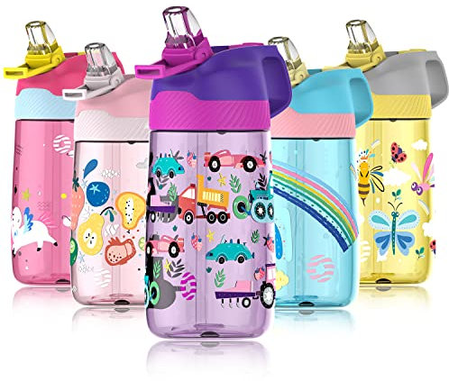 Fjbottle Trinkflasche Kinder Flasche mit Strohhalm 450ml aus Tritan Plastik - 1-Klick-Öffnung - Auslaufsichere BPA FREI Leicht Wasserflasche Kinderflasche in Schule/Kindergarten