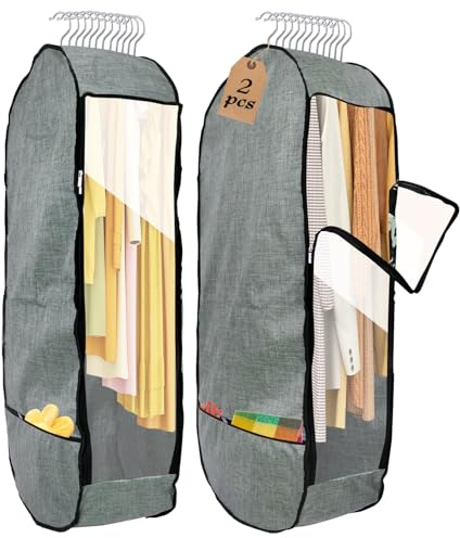 2PCS 50”Garment Bags for Hanging Clothes,Chakera Large Breathable Garment Bag for Closet Storage with 10”Gusseted,Clear Clothing Storage Garment Cover for Dress Sweater with Double Zipper,Grey