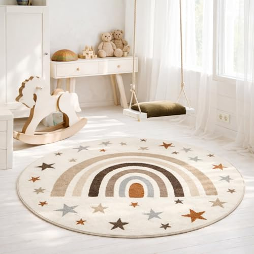 the carpet Beat Kids - Tappeto moderno per bambini, morbido, morbido, facile da pulire, con motivo arcobaleno, 120 cm tondo