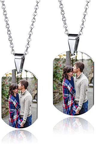 OTXIXTO Personalisierte Hundemarke Halskette Set Gravur Foto/Name/Datum/Individuell mit Bild Anhänger Halskette für Männer Frauen Paare Memorial Edelstahl Liebesschmuck (Silber)